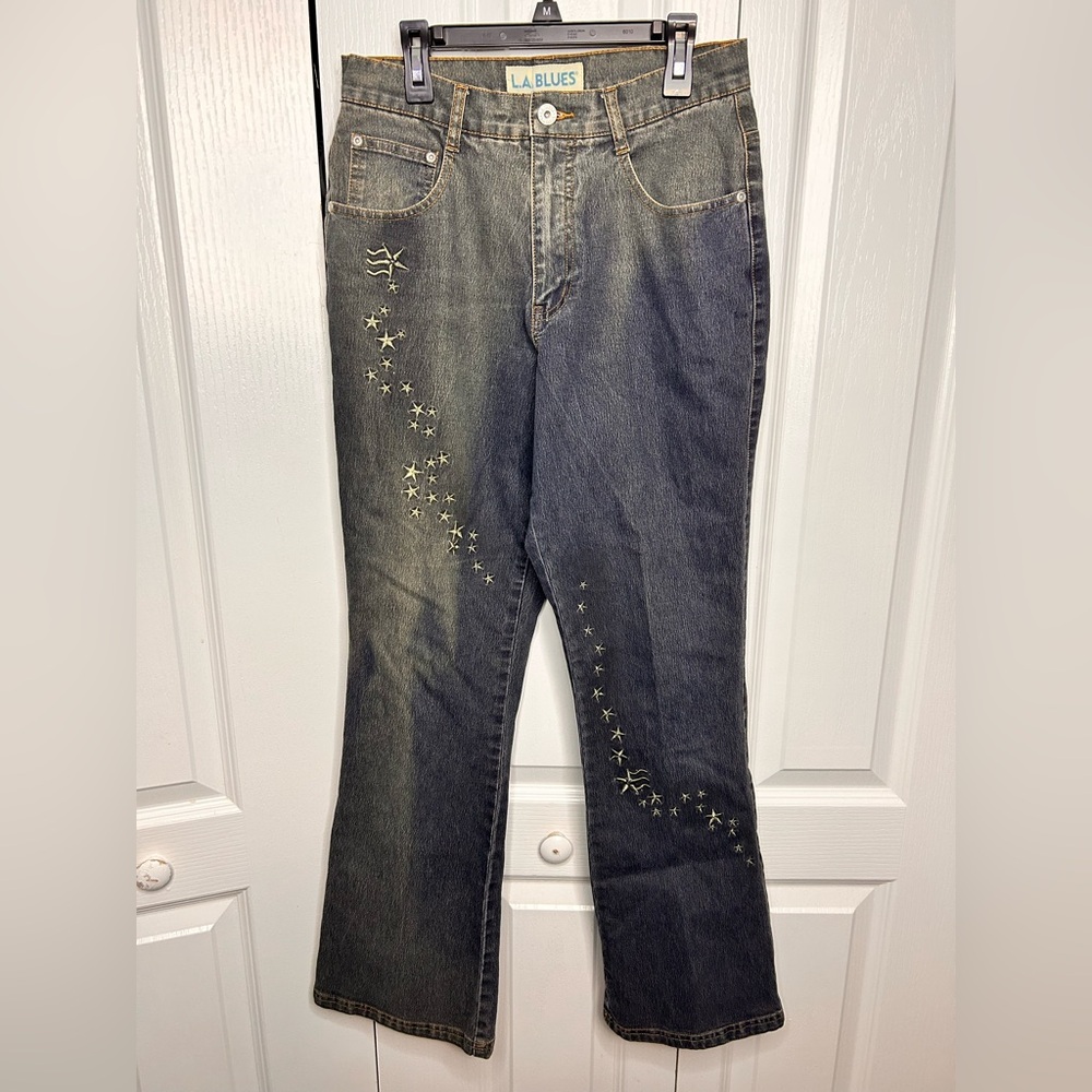 L.A. Blues Women's Flare Blue Jeans with Star Embroidery Y2K Size 8 Vintage‎